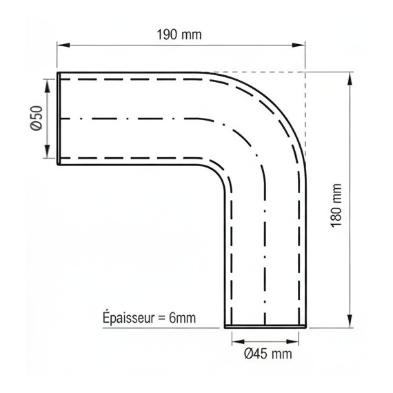 Silicone Hose 90° Elbow Ø45/50mm - 190x180mm - 4-Ply VMQ Reinforced